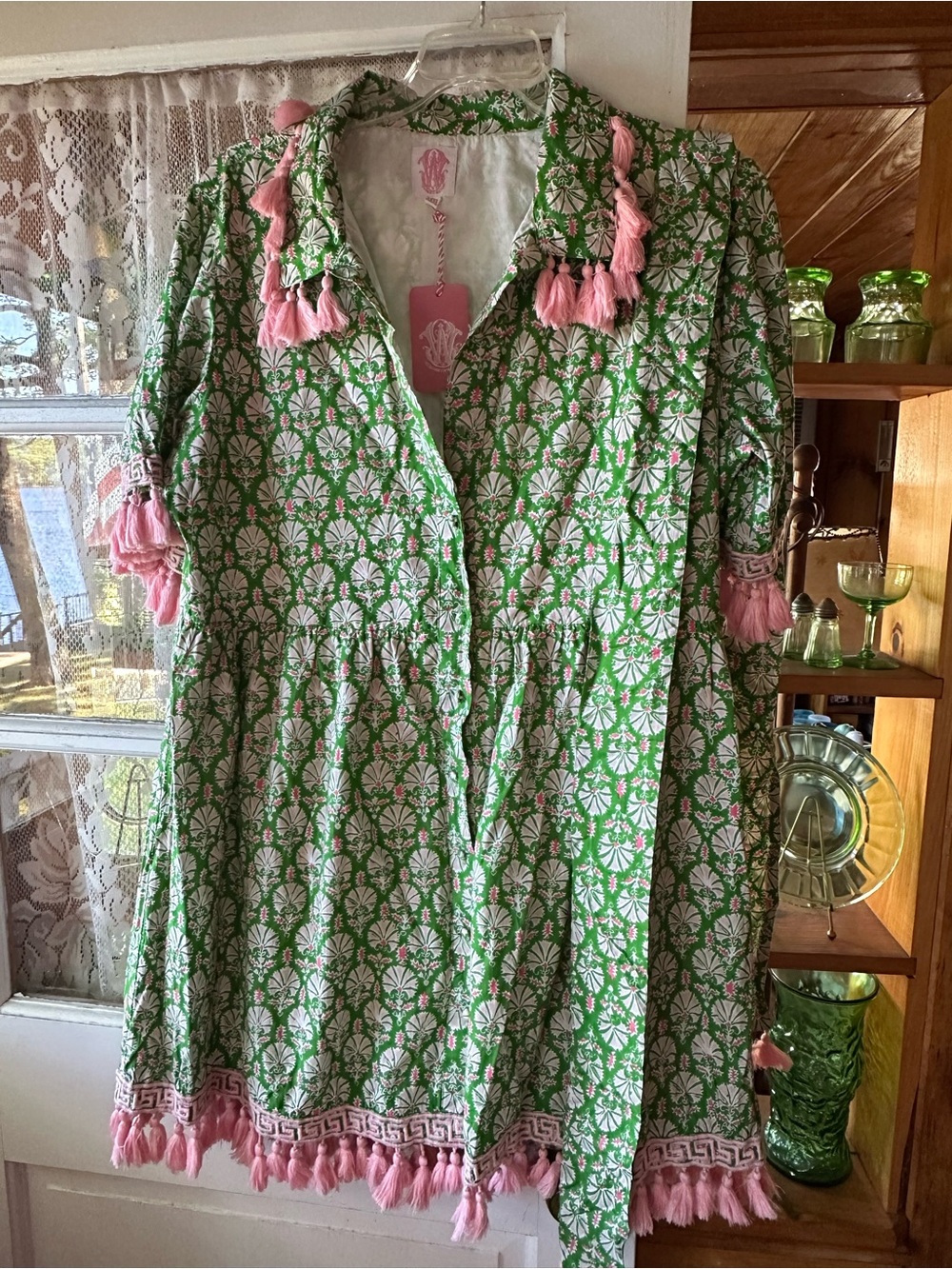 Handblock Printed Green and Pink Tassel Midi Dress